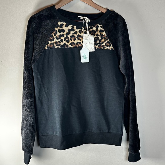 Hem & Thread Tops - Hem & Thread Women's Leopard Print Fuzzy Sleeve Crew Neck Pullover Sweatshirt
